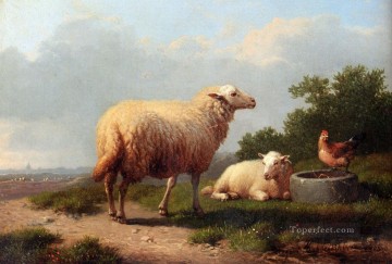 ユージン・ヨーゼフ・フェルベックホーフェン Painting - 牧草地の羊 オイゲン・フェルベックホーフェンの動物